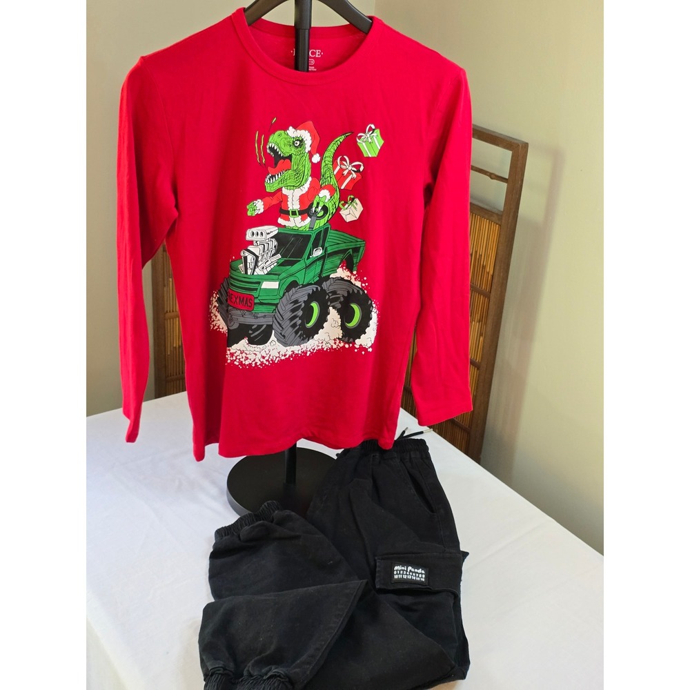 Boys The Childrens Place Christmas TRex Shirt and Black Cargo Jogger Set Size 14